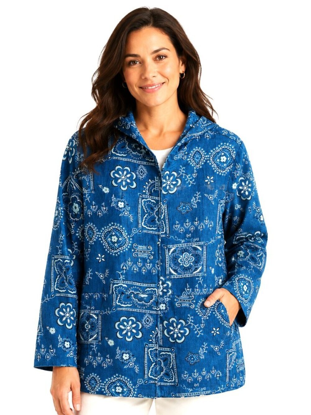 Carole Little Blue White Linen Hooded Jacket